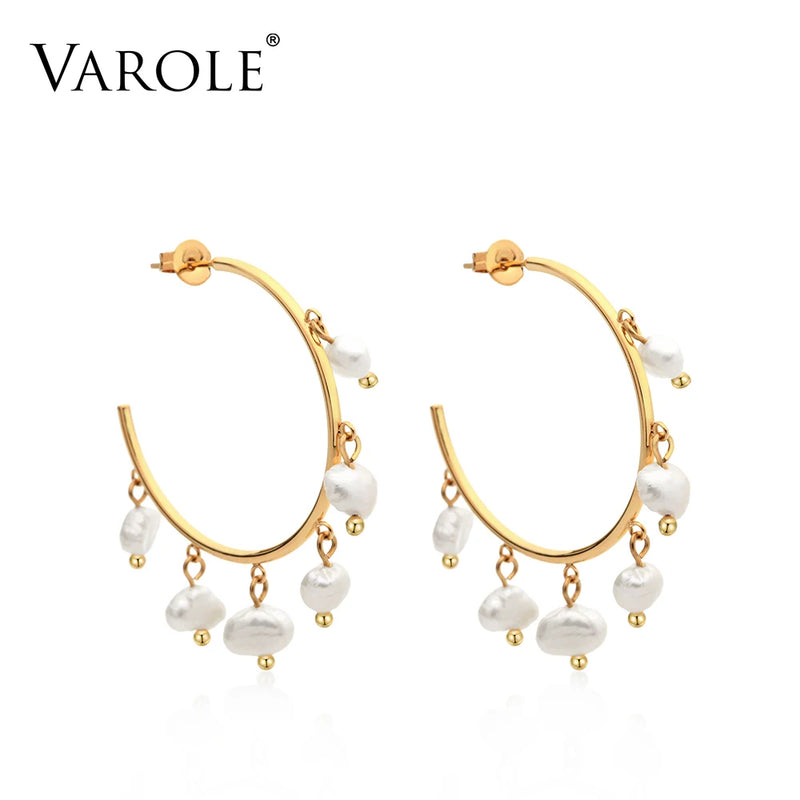 Varole Natural Freshwater Pearl Hopp Earrings Stainless Steel Wedding Jewelry