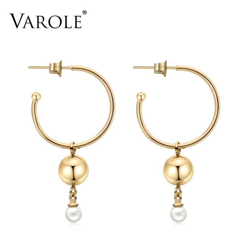 Varole Pearl Hoop Earrings Women Silver Circle Hoops Round Jewelry