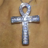 Vecalon ANKH Cross Pendant 925 Sterling Silver CZ Stone Chain Necklace