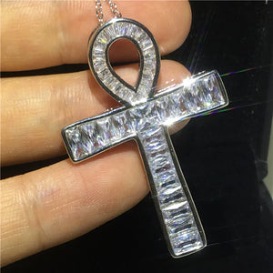 Vecalon ANKH Cross Pendant 925 Sterling Silver CZ Stone Chain Necklace