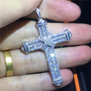 Vecalon Charm Long Cross Pendant 925 Sterling Silver Pave Cz Stone Necklace