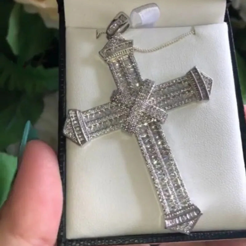 Vecalon Charm Long Cross Pendant 925 Sterling Silver Pave Cz Stone Necklace