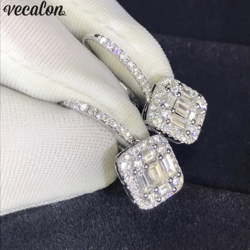 Vecalon Lady Dangle Earring AAAAA Cz Real 925 Sterling Silver Drop Earrings