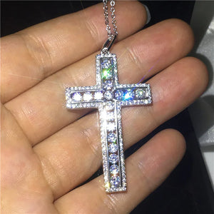 Vecalon Tennis Cross Pendant 925 Sterling Silver CZ Stone Pendant Necklace