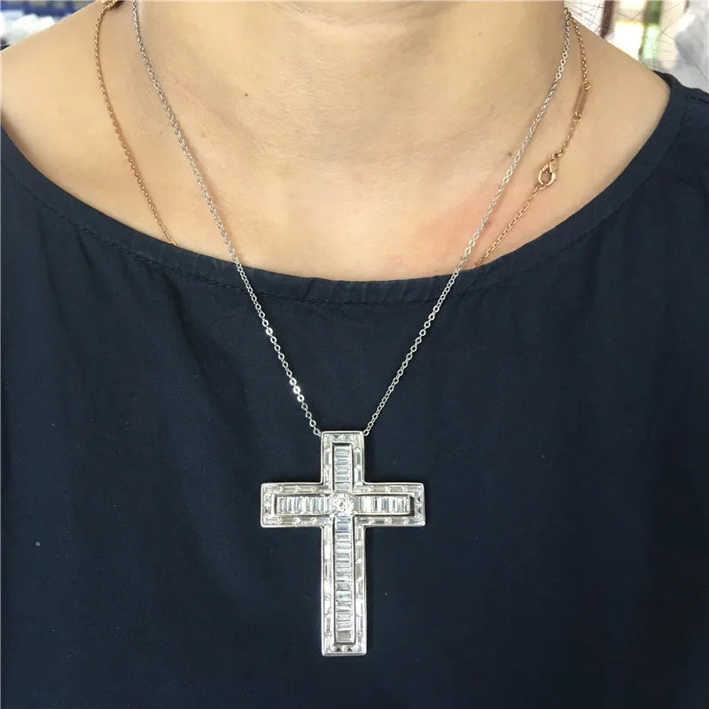 Vecalon Big Cross Pendant 925 Sterling Silver Princess Cut Cz Stone