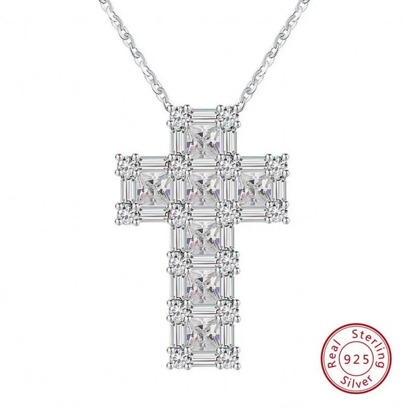 Vecalon Cross Pendant 925 Sterling Silver Zircon Wedding Pendants with Necklace