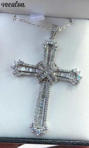 Vecalon Long Cross Pendant 925 Sterling Silver Cz Stone Necklace