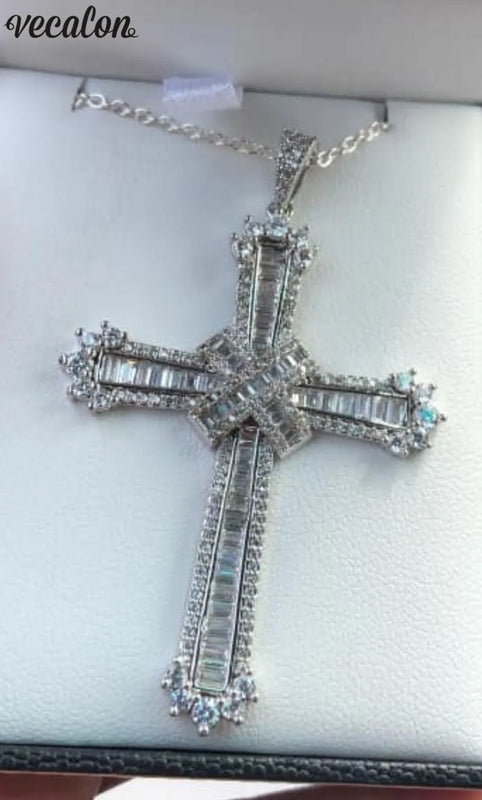 Vecalon Long Cross Pendant 925 Sterling Silver Cz Stone Necklace