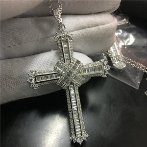 Vecalon Long Cross Pendant 925 Sterling Silver Cz Stone Necklace