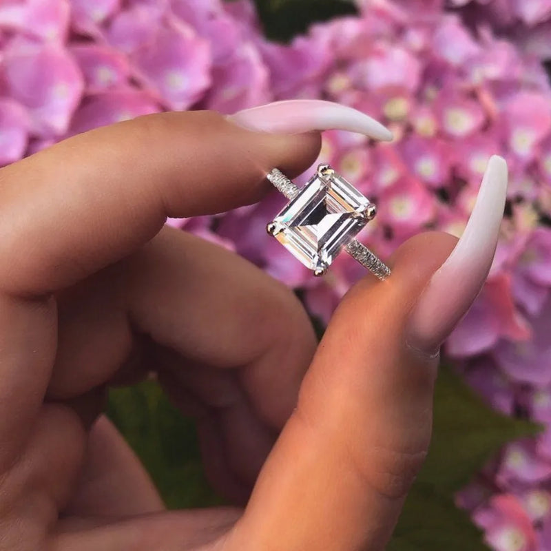 Vecalon 2ct Emerald Cut 925 Sterling Silver Promise Ring Wedding Band for Women