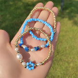 Boho Stone Beaded Flower Bracelet Women Seed Beads Round Ball Stretch Jewelry