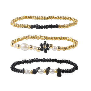 Boho Stone Beaded Flower Bracelet Women Seed Beads Round Ball Stretch Jewelry