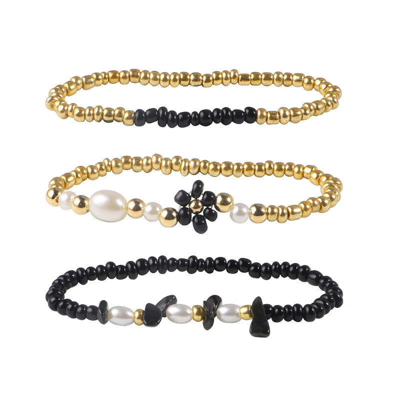 Boho Stone Beaded Flower Bracelet Women Seed Beads Round Ball Stretch Jewelry
