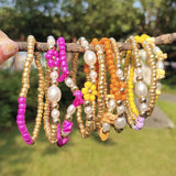 Boho Stone Beaded Flower Bracelet Women Seed Beads Round Ball Stretch Jewelry
