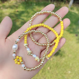 Boho Stone Beaded Flower Bracelet Women Seed Beads Round Ball Stretch Jewelry