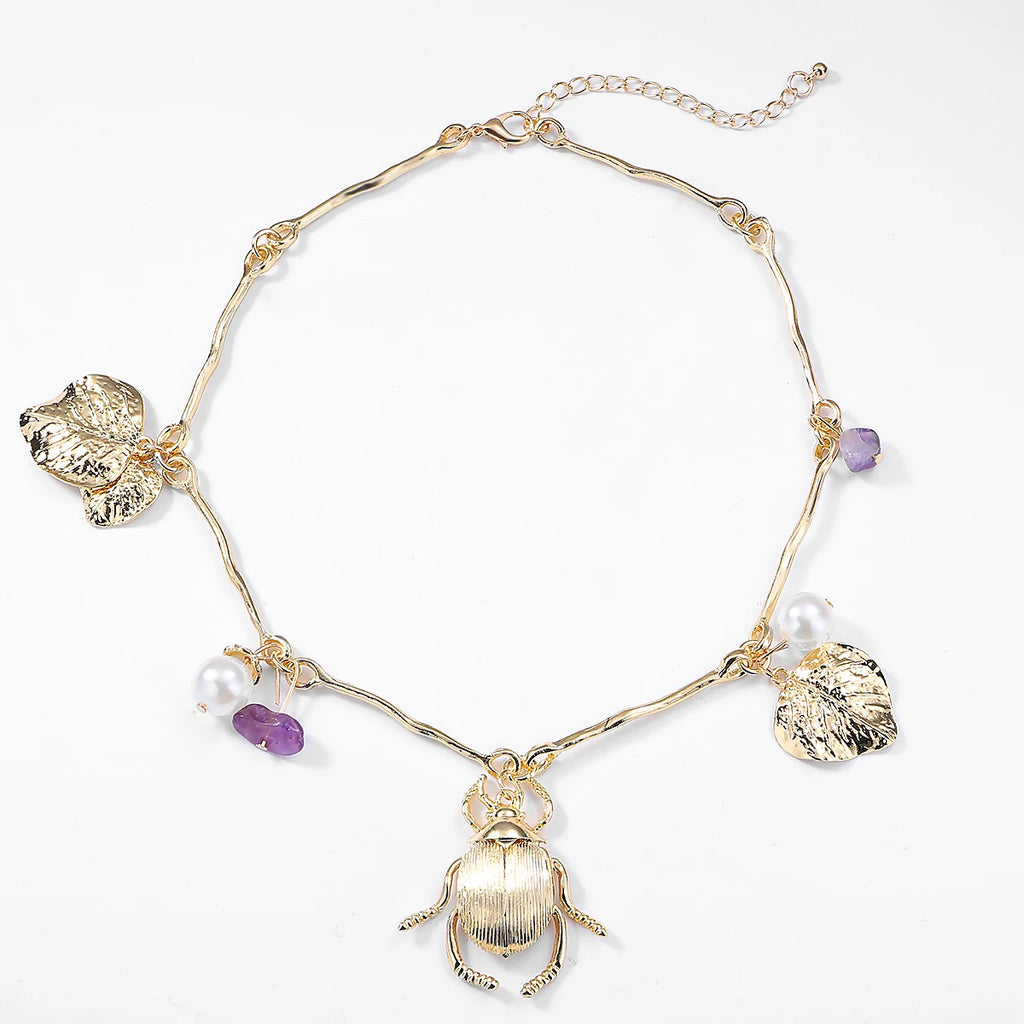 Animal Shape and Pearl Pendant Necklace Vintage Metal Chain Insect Necklace