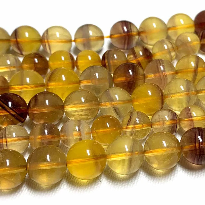 Veemak Yellow Fluorite Round Loose Beads Natural Gemstone Crystal DIY