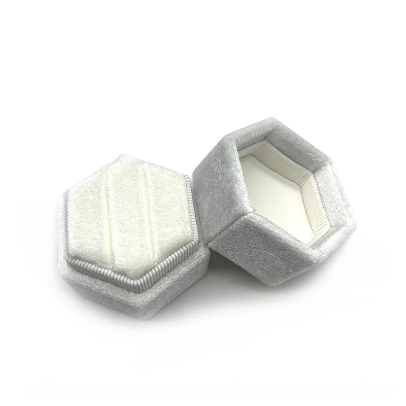Velvet Double Slots Ring Display Box Hexagon Wedding Supplies
