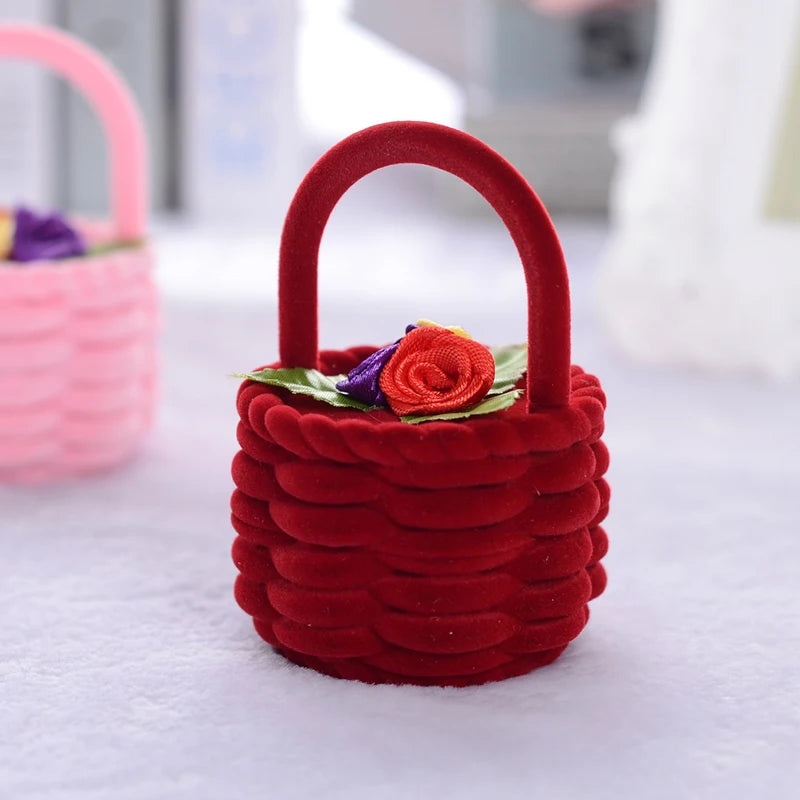 Pink Velvet Flower Basket Wedding Ring Earring Holder