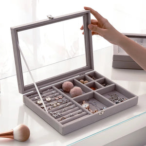 Velvet Glass Ring Earring Jewelry Organize Box Tray Storage Case