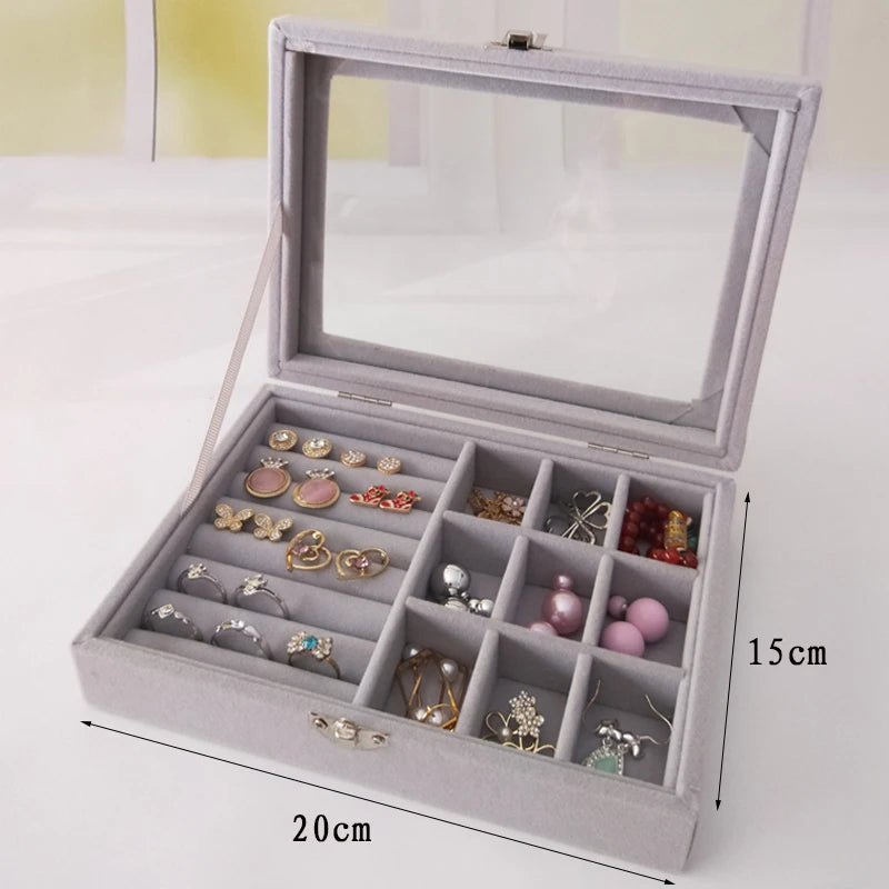 Velvet Glass Ring Earring Jewelry Organize Box Tray Storage Case