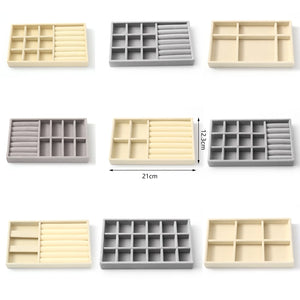 Velvet Jewelry Display Beige/Grey Rings Earrings Organizer Box Tray Holder