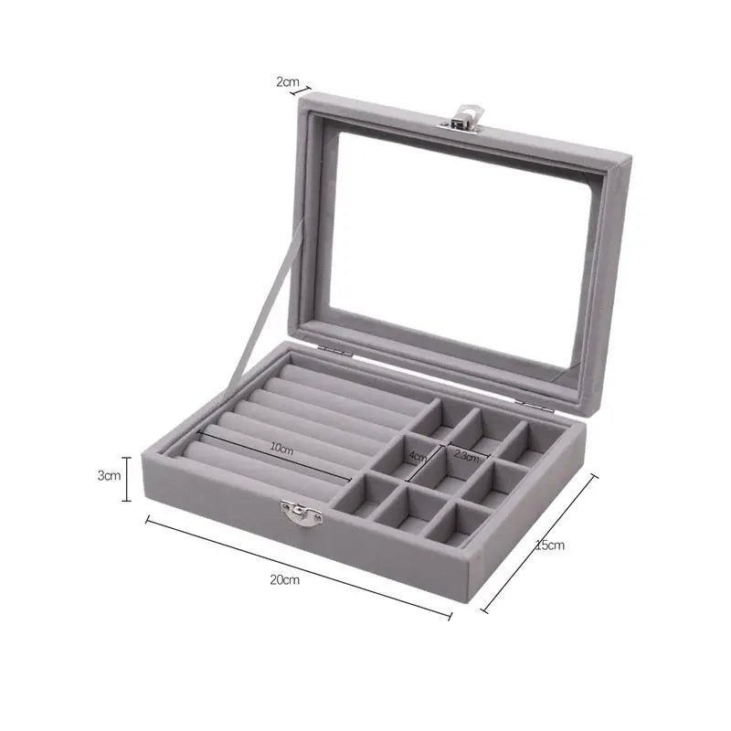 Velvet Jewelry Organizer Box Glass Ring Earring Display Holder Storage Case