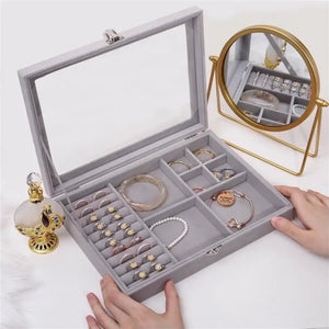 Velvet Jewelry Organizer Box Glass Ring Earring Display Holder Storage Case