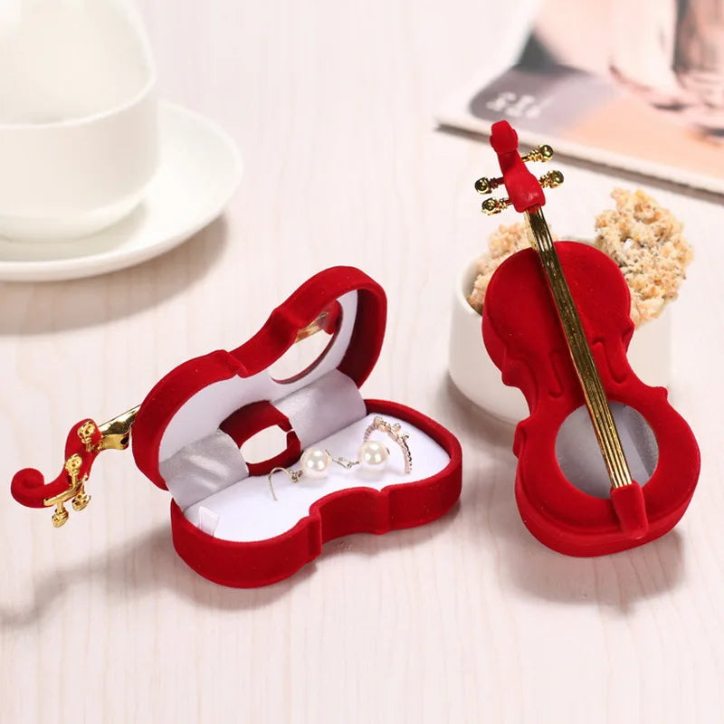 Velvet Violin Piano Shaped Jewelry Box Wedding Ring Earring Holder