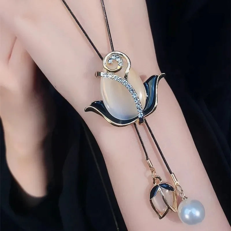 Opal Tulip Long Necklace for Women Autumn Winter Pendant Accessories