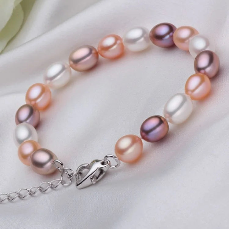 Single Row Pearl Bracelet 7-8mm with Love Clasp and Extension Chain
