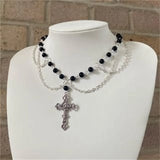 Victorian Gothic Cross Rosary Necklace Chain Charm Sacred Pearl Beaded