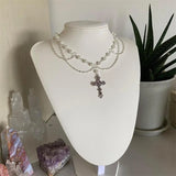 Victorian Gothic Cross Rosary Necklace Chain Charm Sacred Pearl Beaded
