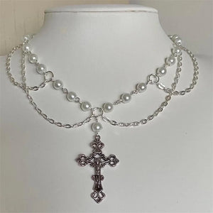 Victorian Gothic Cross Rosary Necklace Chain Charm Sacred Pearl Beaded