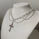 Victorian Gothic Cross Rosary Necklace Chain Charm Sacred Pearl Beaded
