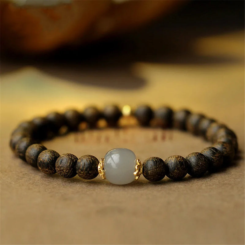 Vietnam Agarwood Buddha Beads Bracelet Hetian Jade 14K Filled Jewelry