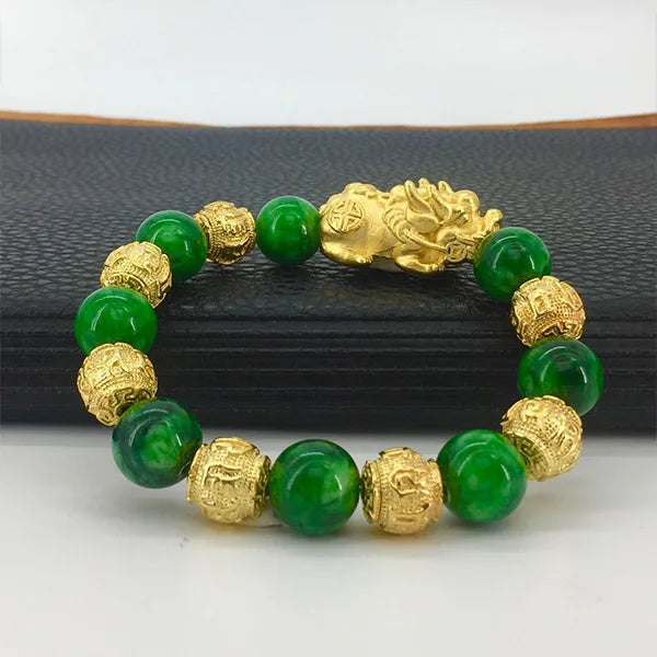 24K Plated Celadon Stone Pixiu Bracelet Hand Chain Women Men