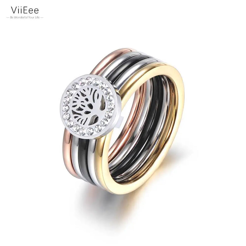 Colorful CZ Crystal Tree Rings Titanium Steel Wedding Engagement