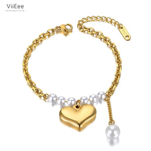 Stainless Steel Heart Charm Bracelet with Pearls