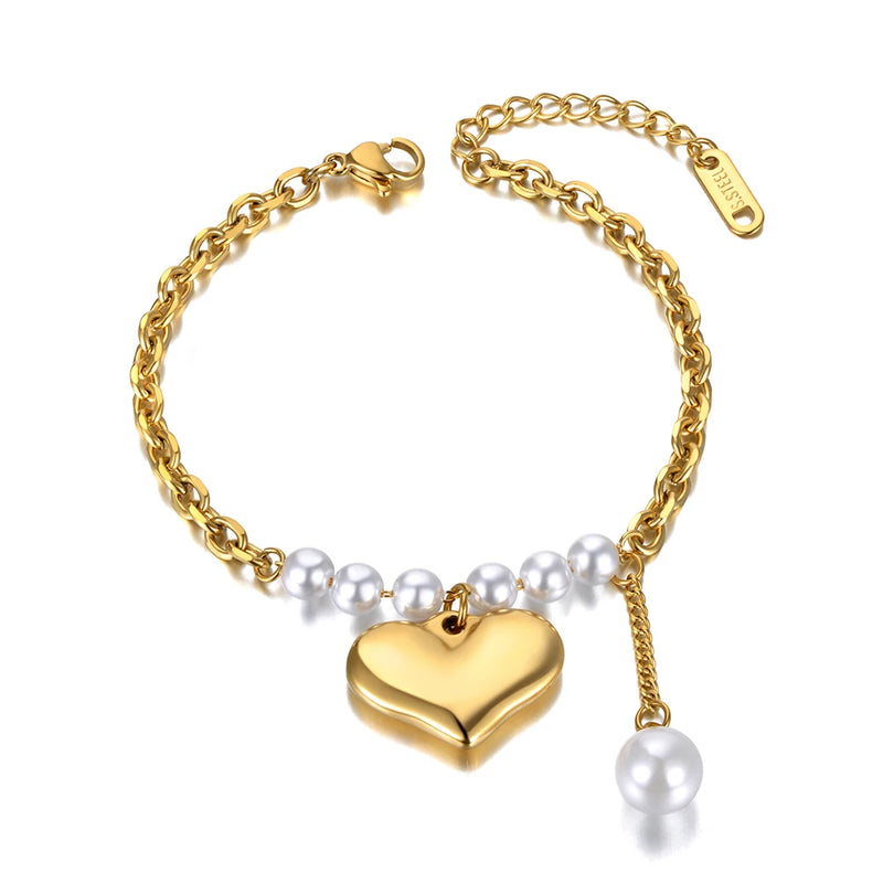 Stainless Steel Heart Charm Bracelet with Pearls