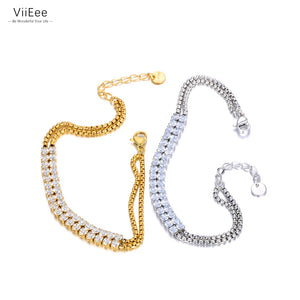 Stainless Steel Cubic Zirconia Tennis Double Chain Bracelet for Women