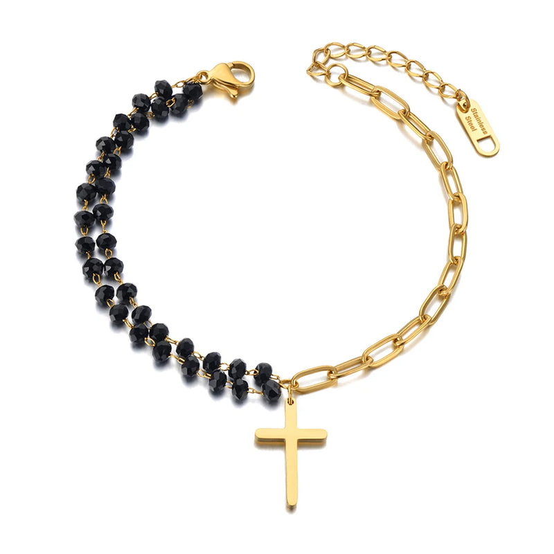 Stainless Steel Crystal Chain Bracelet Bohemia Party Cross Charm Jewelry