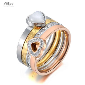 Heart Opal & Rhinestone Bridal Wedding Ring Titanium Stainless Steel