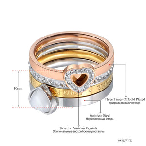 Heart Opal & Rhinestone Bridal Wedding Ring Titanium Stainless Steel