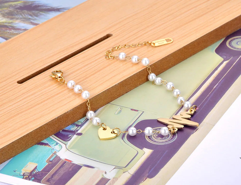 Vintage Stainless Steel Pearl Chain Bracelets Bohemia Party Heart Charm Bracelet