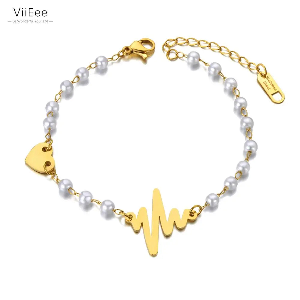 Vintage Stainless Steel Pearl Chain Bracelets Bohemia Party Heart Charm Bracelet
