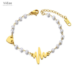 Vintage Stainless Steel Pearl Chain Bracelets Bohemia Party Heart Charm Bracelet