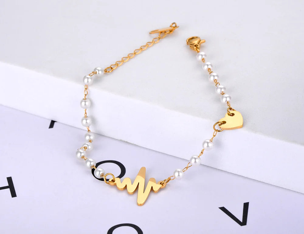 Vintage Stainless Steel Pearl Chain Bracelets Bohemia Party Heart Charm Bracelet