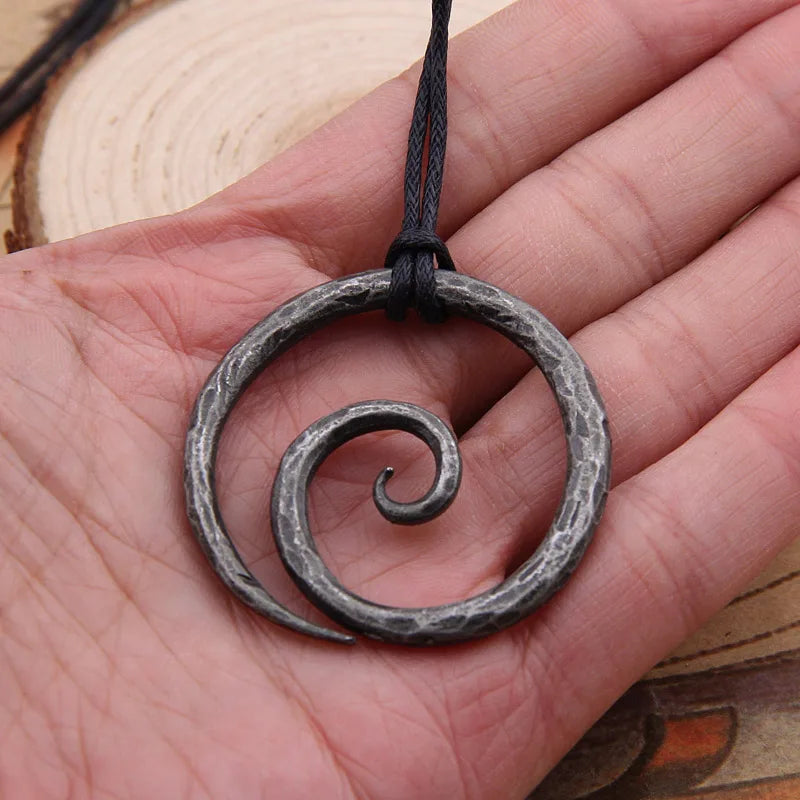 Viking Spiral Pendant Iron Leather Cord Necklace