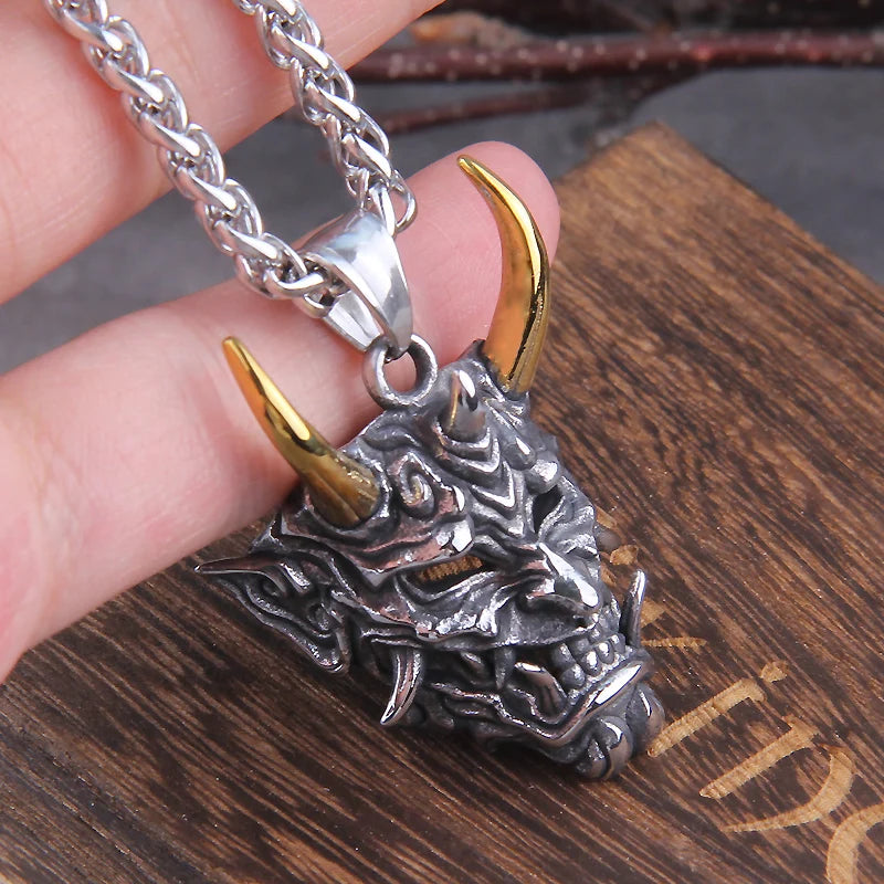 Vikings Stainless Steel Satanic Demon Men Necklace in Wooden Box